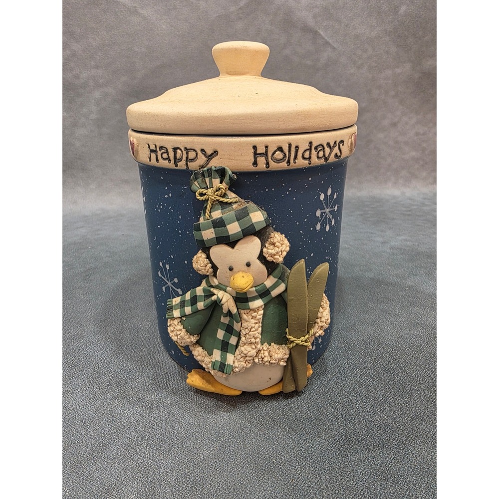Vintage Happy Holidays Penguin Ceramic Cookie Jar Canister Blue Snowflake Skier
